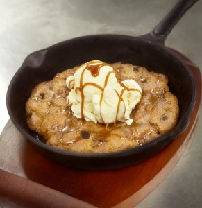 Blue Dragon deep-dish chocolate chip cookie topped with ice cream and soy caramel sauce