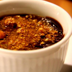 T. W. Food budino with valrhona dark chocolate custard, almond crumble, sea salt and olive oil